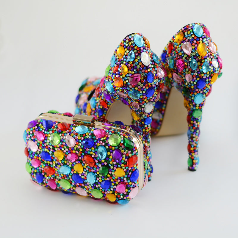Colorful Rhinestone Wedding Bridal Shoes with Matching Bag