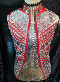 ZIPPIDY  Fashion Black Red Silver Mirror Vest Jacket