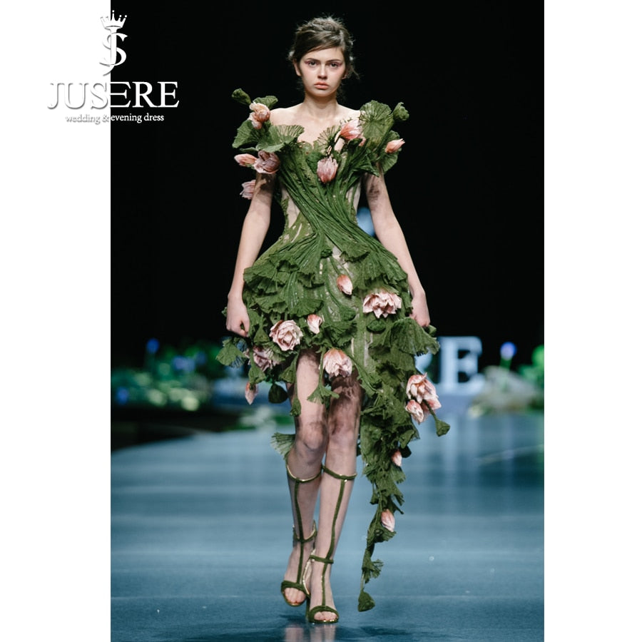 JUSERE  Green Short Party Dress Embroidery 3D Flower Knee Length Off The Shoulder